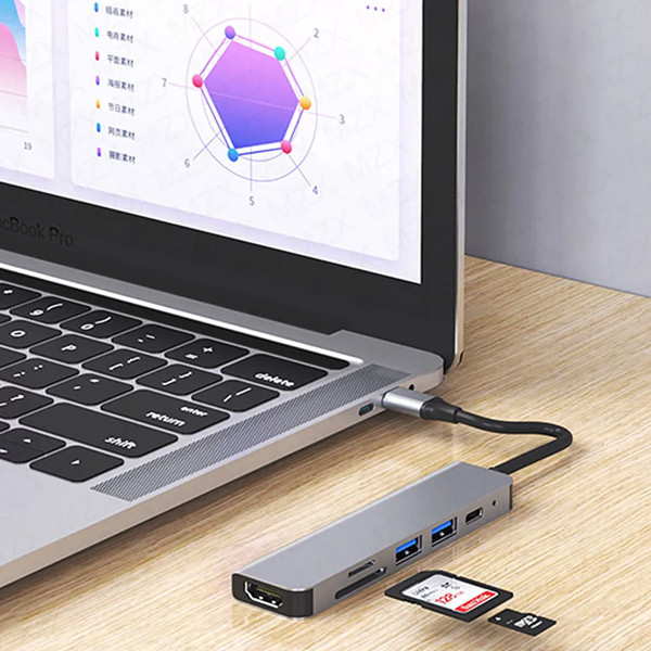 ecobox adapter typ-c rozdzielacz hdmi + typ-c + usb + czytnik kart dex