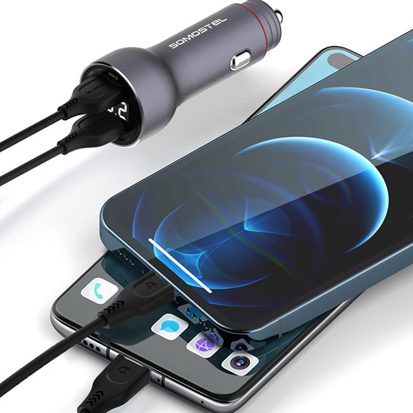 somostel ładowarka samochodowa 2xusb + kabel usb - lightning 5a 1m quick charge qc3.0 czarny aluminium