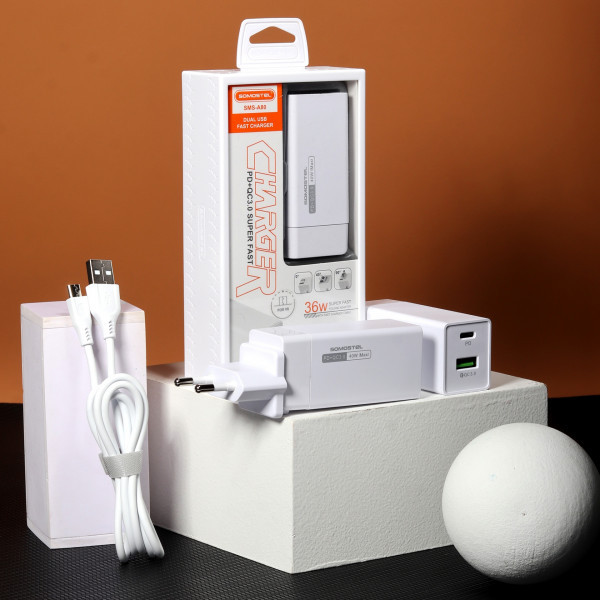 ładowarka sieciowa 36w + kabel iphone biała somostel power delivery sms-a80 pd