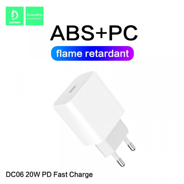 denmen ładowarka sieciowa dc06 typ-c + kabel typ-c - lightning 3.6a 20w 1m power delivery pd biały dc06l