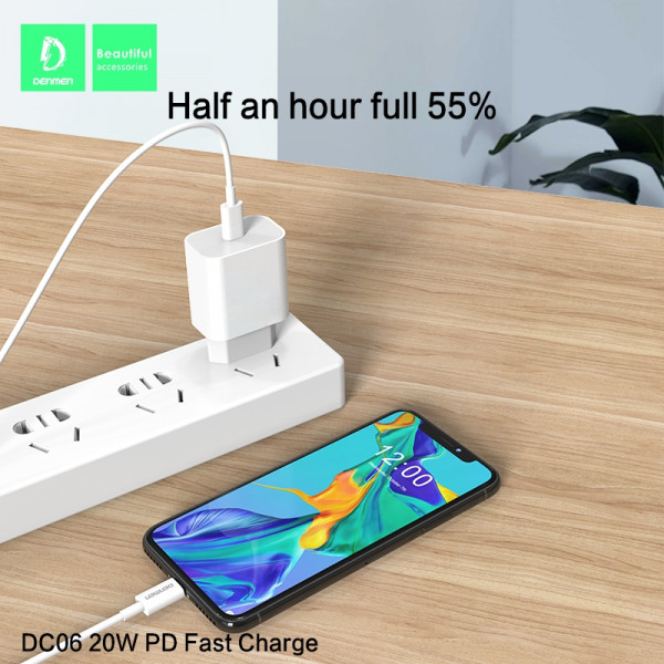 denmen ładowarka sieciowa dc06 typ-c + kabel typ-c - lightning 3.6a 20w 1m power delivery pd biały dc06l