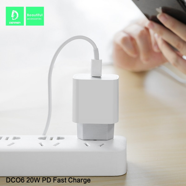 denmen ładowarka sieciowa dc06 typ-c + kabel typ-c - lightning 3.6a 20w 1m power delivery pd biały dc06l