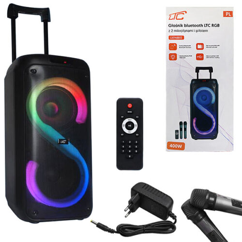 rgb głośnik bluetooth ltc 2x8`` 400w, 2 mikrofony i pilot usb/sd/aux 7200mah lxpa8810