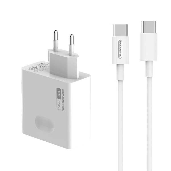 somostel ładowarka sieciowa gan typ-c + kabel typ-c - typ-c 65w 1m power delivery pd biały gan sms-q15