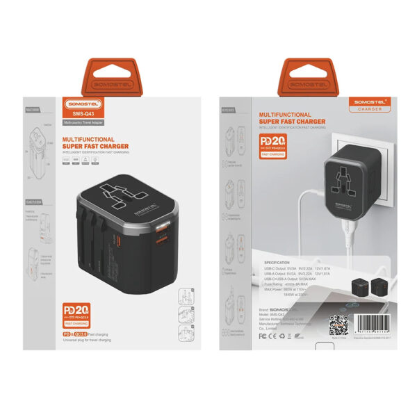 somostel adapter zasilania cały świat 2x usb / typ-c 20w qc pd czarny sms-q43