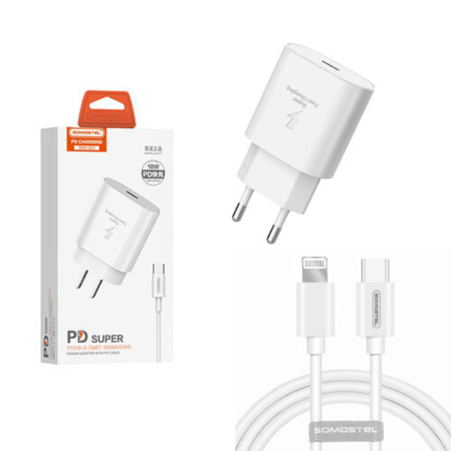 somostel ładowarka sieciowa typ-c + kabel typ-c - lightning 3a 25w 1m pd biały sms-q03