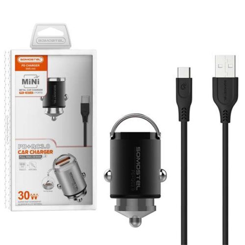 somostel ładowarka samochodowa usb/typ-c + kabel typ-c - typ-c 5a 1m power delivery pd+qc3.0 czarny sms-a40