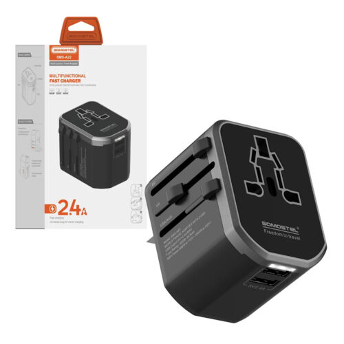 somostel adapter zasilania cały świat 2x usb 2.4a qc3.0 czarny sms-a22