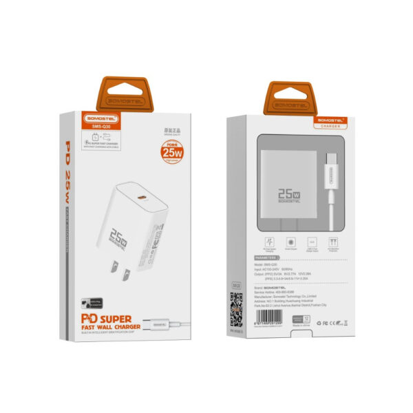 somostel ładowarka sieciowa typ-c + kabel typ-c - typ-c 3a 25w 1m pd biały sms-q30