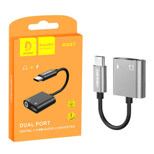 adapter hf typ-c denmen srebrny audio jack 3,5 cala + zasilanie du07