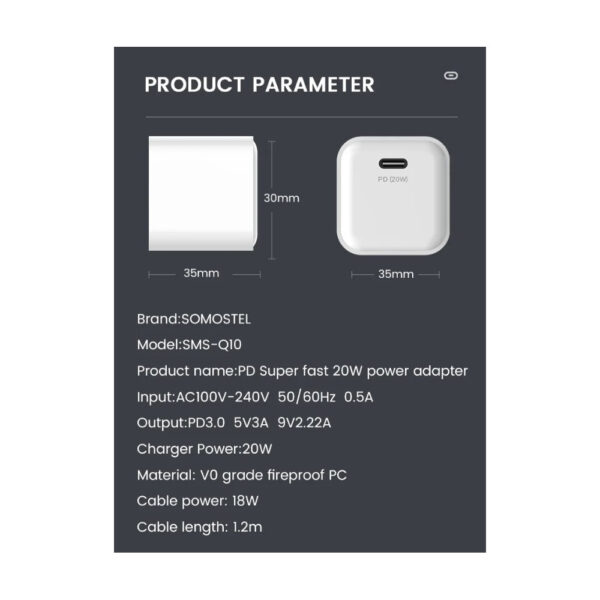 somostel ładowarka sieciowa typ-c 3.6a 20w 1m power delivery pd biały sms-q10