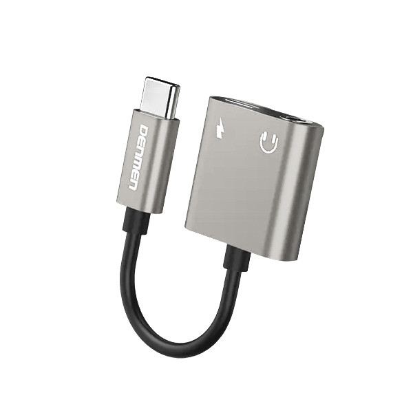 adapter hf typ-c denmen srebrny audio jack 3,5 cala + zasilanie du07