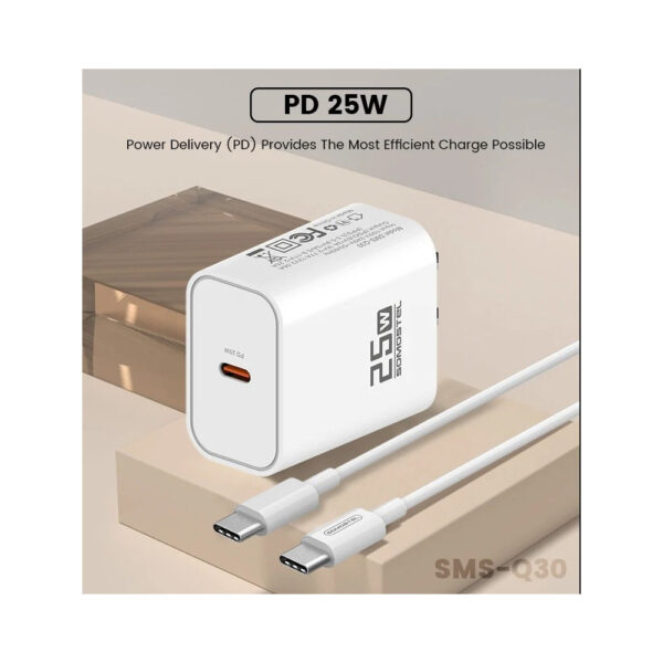 somostel ładowarka sieciowa typ-c + kabel typ-c - typ-c 3a 25w 1m pd biały sms-q30