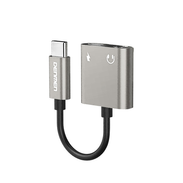 adapter hf typ-c denmen srebrny audio jack 3,5 cala + zasilanie du07