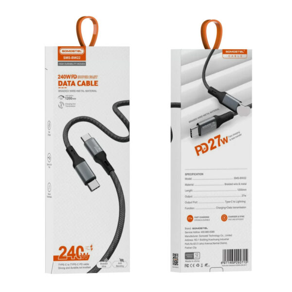 somostel kabel usb pd wzmacniany typ-c - typ-c 240w 1m pd czarny sms-bw22