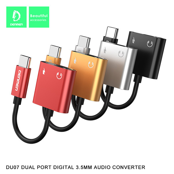 adapter hf typ-c denmen srebrny audio jack 3,5 cala + zasilanie du07