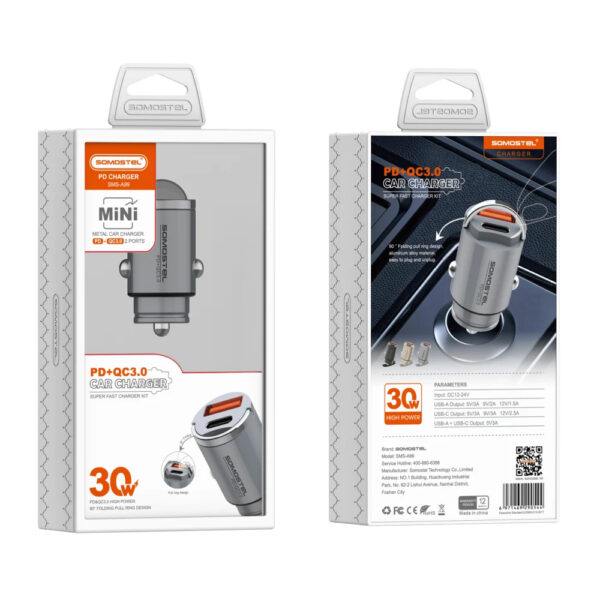 somostel ładowarka samochodowa usb / typ-c 5a 30w qc pd srebrny sms-a99