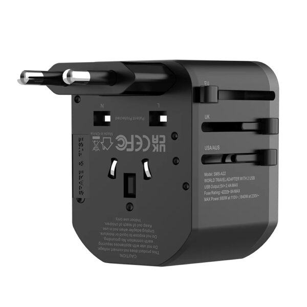 somostel adapter zasilania cały świat 2x usb 2.4a qc3.0 czarny sms-a22