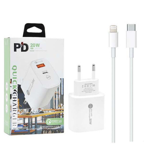 ecobox ładowarka sieciowa pax 20w biały usb+typ-c + kabel typ-c/lightning pd